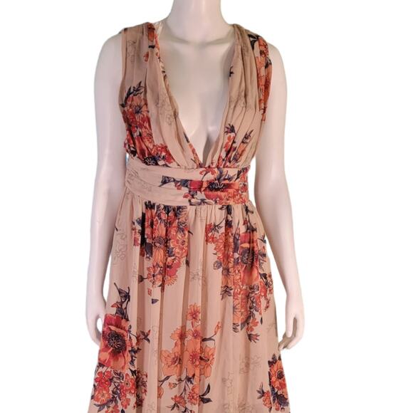 FILLY FLAIR Soieblue blush floral low-cut v-neck  flowy sheer long maxi dress l - Picture 6 of 9